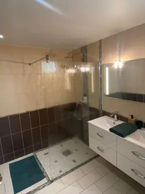 a bathroom with a shower and a sink at Appartement spacieux, climatisé, parking privé, wifi et vue imprenable in Cases-de-Pène
