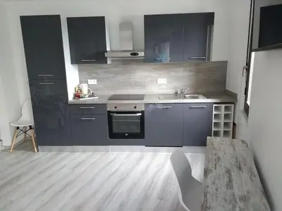 a kitchen with black cabinets and a sink at Appartement neuf tout confort, climatisé, parking privé et wifi in Cases-de-Pène