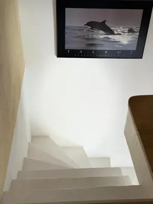 a picture of a dolphin on a wall next to stairs at La vue de la calade in Peyriac-de-Mer