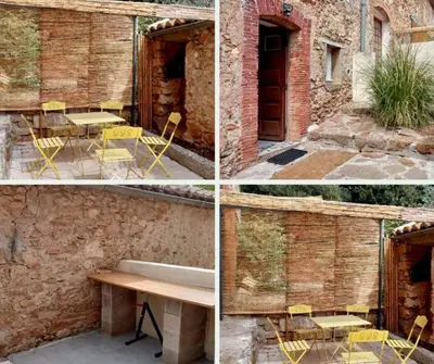 a series of four pictures of a table and yellow chairs at Domaine Castel Negre Alet Les Bains in Alet-les-Bains