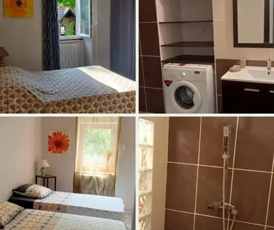 a collage of four pictures of a bedroom and a bathroom at Domaine Castel Negre Alet Les Bains in Alet-les-Bains