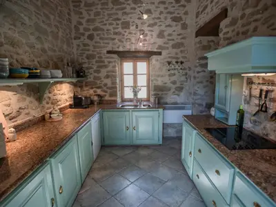 a large kitchen with blue cabinets and a sink at Le Pigeonnier de Villefloure in Montréal