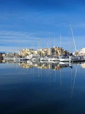 a group of boats are docked in a marina at L'Escapade Gruissanaise, appartement 1 chambre, loggia, climatisation, wifi avec piscines de mi-mai à mi-septembre dans résidence in Gruissan