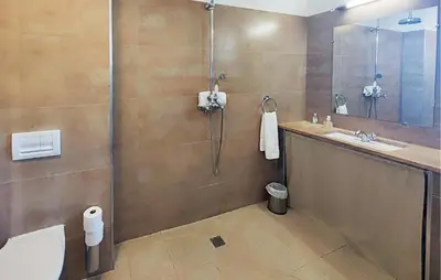 a bathroom with a shower and a toilet and a sink at Awesome Home In Saint-Laurent-De-La-Ca in Saint-Laurent-de-la-Cabrerisse
