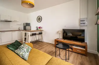 a living room with a couch and a television at Oasis Urbaine Narbonne in Narbonne
