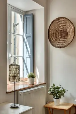 a window with two potted plants on a window sill at Le Coste - Free parking - Central - Wifi -netflix in Carcassonne