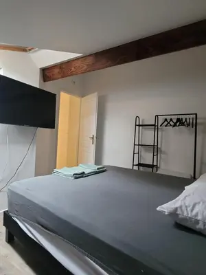 a bedroom with a large bed with a flat screen tv at BEAU T3 AU COEUR DU CENTRE VILLE (205) in Narbonne