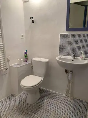 a white bathroom with a toilet and a sink at Townhouse in Southern France with a wonderful view and close to a Swimming pool in Axat