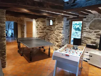 a ping pong table in a room with a stone wall at LE JARDIN DEL SUD in Saint-Vincent