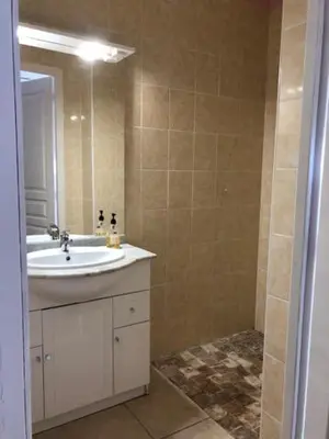 a bathroom with a sink and a mirror at LA LAVANDIERE Famille Amis Relais Motards in Peyriac-de-Mer