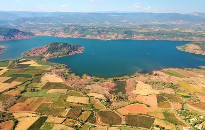 an aerial view of a lake in the countryside at Lovely Home In Saint-Laurent-De-La-Ca in Saint-Laurent-de-la-Cabrerisse