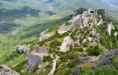 a view of a mountain with a castle on it at Nice Home In Saint-Laurent-De-La-Ca in Saint-Laurent-de-la-Cabrerisse
