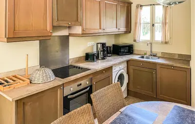 a kitchen with wooden cabinets and a table with chairs at Nice Home In Stlaurent-De-La-Cabr With Wifi in Saint-Laurent-de-la-Cabrerisse