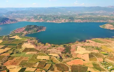 an aerial view of a lake in the countryside at 2 Bedroom Amazing Home In Stlaurent-De-La-Cabr in Saint-Laurent-de-la-Cabrerisse