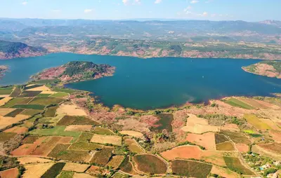 an aerial view of a lake in the countryside at 2 Bedroom Lovely Home In St-Laurent-De-La-Carbr in Saint-Laurent-de-la-Cabrerisse