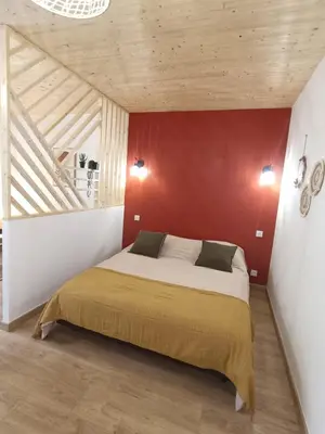 a bedroom with a bed with a red wall at Studio dans le Minervois in Bize-Minervois