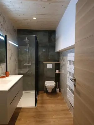 a bathroom with a shower and a toilet in it at Studio dans le Minervois in Bize-Minervois