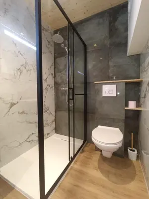 a bathroom with a shower and a toilet at Studio dans le Minervois in Bize-Minervois