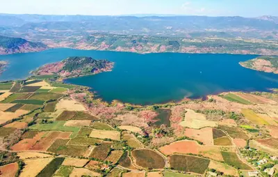 an aerial view of a lake in the countryside at 2 Bedroom Awesome Home In Saint-Laurent-De-La-Ca in Saint-Laurent-de-la-Cabrerisse