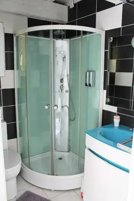 a glass shower in a bathroom with a toilet at Gîte Les Amandiers in Villedubert