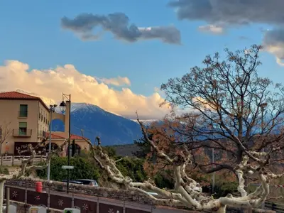 a view of a mountain with trees and a building at La Caseta de Molitg in Molitg les Bains
