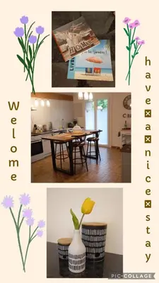 a collage of photos of a kitchen and a table with flowers at Maison Les Hirondelles in Carcassonne