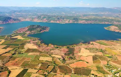 an aerial view of a lake in a valley at 2 Bedroom Gorgeous Home In Saint-Laurent-De-La-Ca in Saint-Laurent-de-la-Cabrerisse