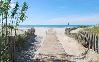 a wooden path to the beach with the ocean in the background at 2 Bedroom Awesome Home In Saint-Laurent-De-La-Ca in Saint-Laurent-de-la-Cabrerisse