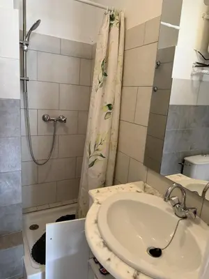 a bathroom with a sink and a shower at Rennes-les-Bains Studio at Thermal Baths in Rennes-les-Bains