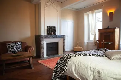 a bedroom with a bed and a fireplace at Chateau in medieval Bastide - Sleeps up to 10 in Chalabre