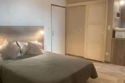 a bedroom with a bed with white pillows and a door at Grands Buffets hébergement Studio Narbonne in Narbonne