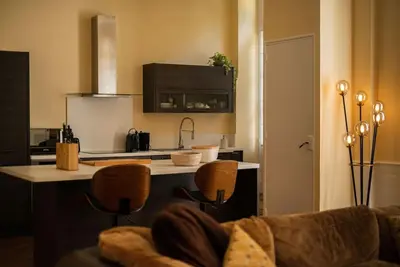a living room with a kitchen with a counter and a couch at Appartement chic, hôtel particulier, Carcassonne centre in Carcassonne