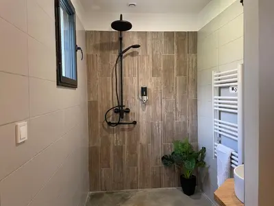a bathroom with a shower and a sink at Borie Grande in Saint-Denis