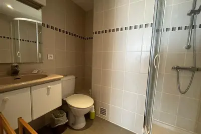 a bathroom with a shower and a toilet and a sink at Spacious apartment on the seafront in Port-la-Nouvelle