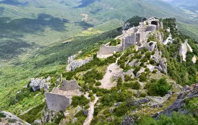 a view of the ruins of a fortress on a mountain at Lovely Home In Saint-Laurent-De-La-Ca in Saint-Laurent-de-la-Cabrerisse