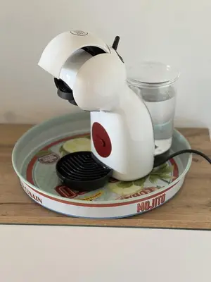a toy bird on a plate with a glass of water at Alba zen & spa in Villefranche-de-Lauragais
