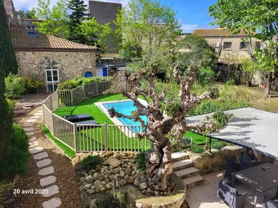 a backyard with a tree and a swimming pool at Le Gîte des étoiles de la Clape in Salles-d'Aude
