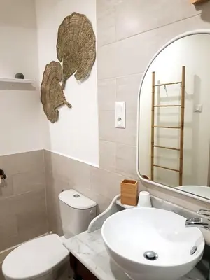 a bathroom with a sink and a toilet and a mirror at La Loubière - Gîte in Cessenon