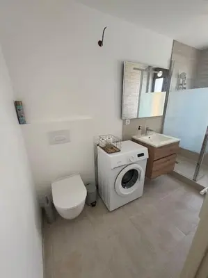 a bathroom with a washing machine and a toilet at Appartement centre historique in Narbonne