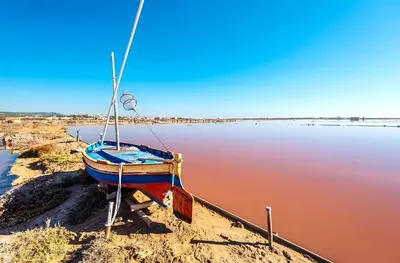 a boat sitting on the shore of a body of water at Vagues et Vignes Gruissan Appt T2 bien placé tout équipé WIFI avec parking privé in Gruissan