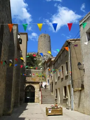an alley with flags and a castle in the background at Vagues et Vignes Gruissan Appt T2 bien placé tout équipé WIFI avec parking privé in Gruissan