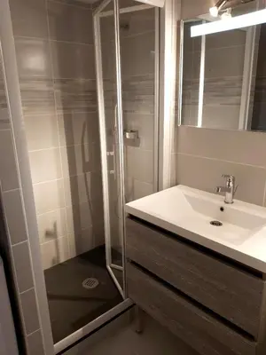 a bathroom with a sink and a shower at Vagues et Vignes Gruissan Appt T2 bien placé tout équipé WIFI avec parking privé in Gruissan