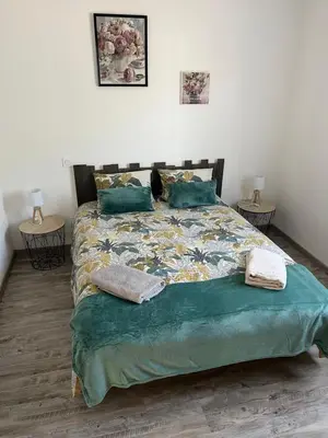 a bedroom with a large bed with green sheets and pillows at Les pontils in Limoux