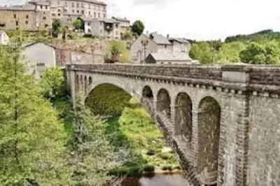 an old stone bridge over a river in a city at Chaleureux Chalet Lac Roussinas in Anglès
