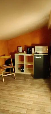 a kitchen with a black refrigerator and a microwave at Chambre d'hôte chez l'habitant à la campagne in Cambounet-sur-le-Sor