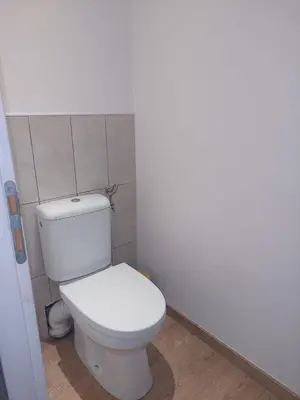 a bathroom with a white toilet in a room at Le duplex sigeannais in Sigean