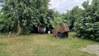a truck and a wheelbarrow sitting in a yard at Gîte Tintinnabule in Ventenac