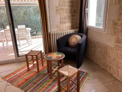 a living room with a chair and two tables at Maison avec 2 appartements, jacuzzi et accès privé à la rivière in Ladern-sur-Lauquet