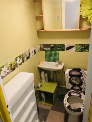 a small bathroom with a toilet and a sink at La Barbacane in Lapalme