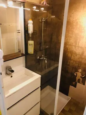 a bathroom with a shower and a sink and a sink at La Barbacane in Lapalme